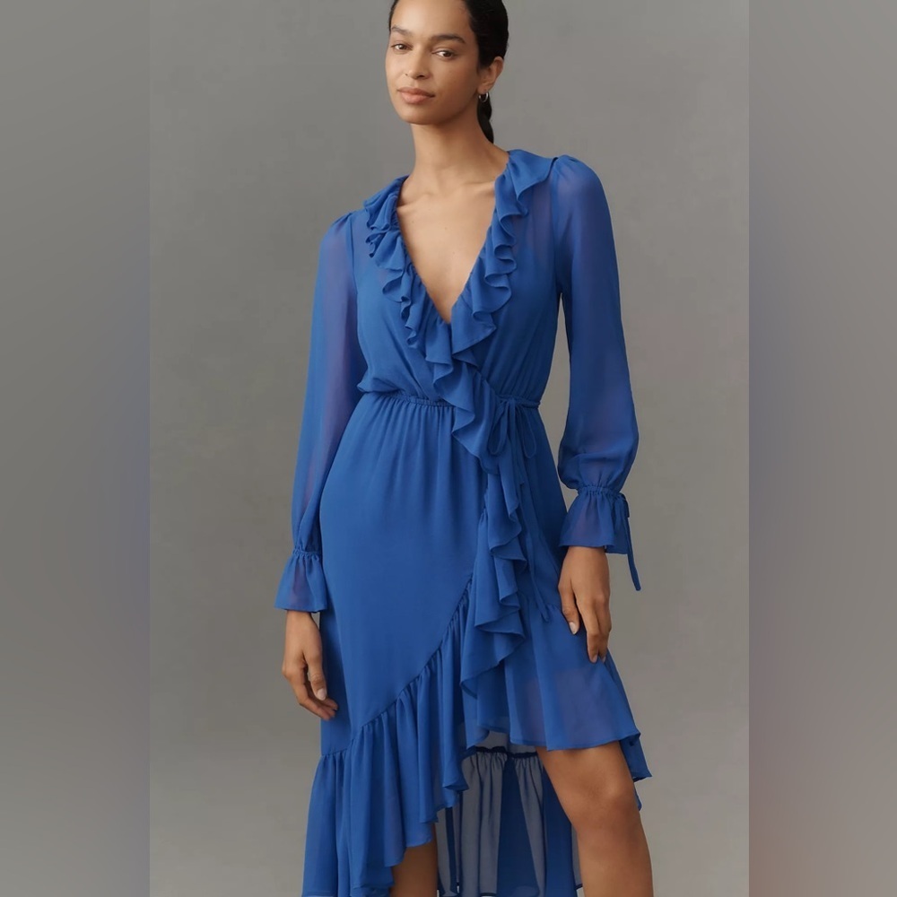 NWT By Anthropologie XS Long-Sleeve Ruffled Asymmetric Midi Dress Royal Blue